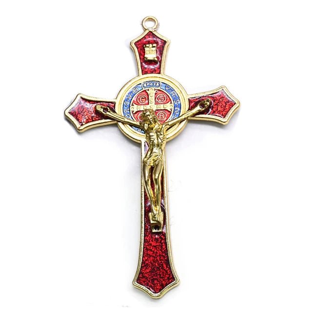 Crucifixo de São Bento com Esmalte Vermelho: Proteção e Fé para Sua Casa - Loja São Miguel