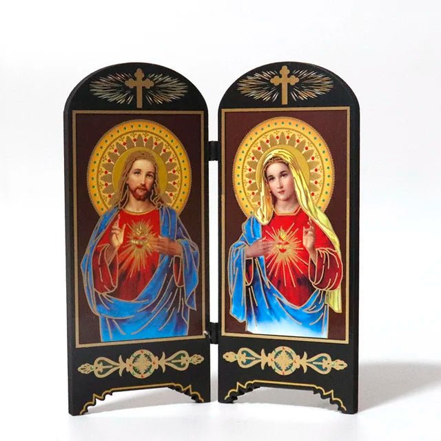 Oratório de Mesa com Tela Dupla: Sagrada Família e Nossa Senhora de Fátima - Loja São Miguel
