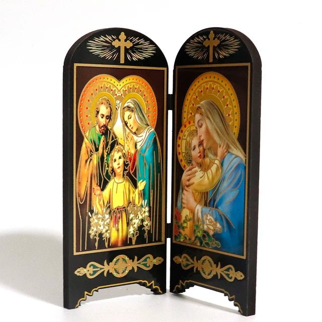 Oratório de Mesa com Tela Dupla: Sagrada Família e Nossa Senhora de Fátima - Loja São Miguel