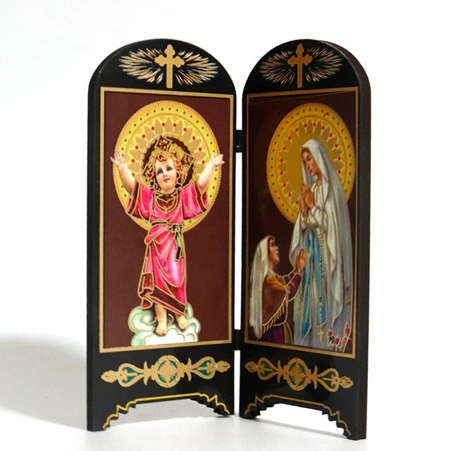 Oratório de Mesa com Tela Dupla: Sagrada Família e Nossa Senhora de Fátima - Loja São Miguel