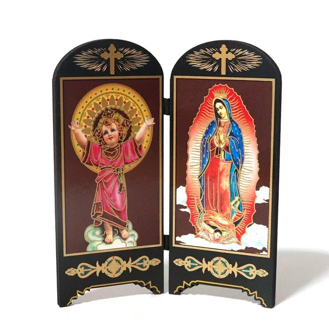 Oratório de Mesa com Tela Dupla: Sagrada Família e Nossa Senhora de Fátima - Loja São Miguel