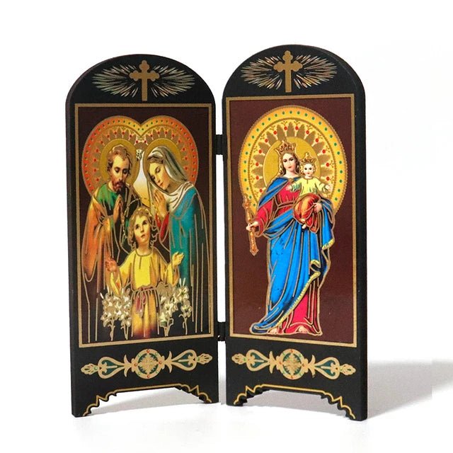 Oratório de Mesa com Tela Dupla: Sagrada Família e Nossa Senhora de Fátima - Loja São Miguel
