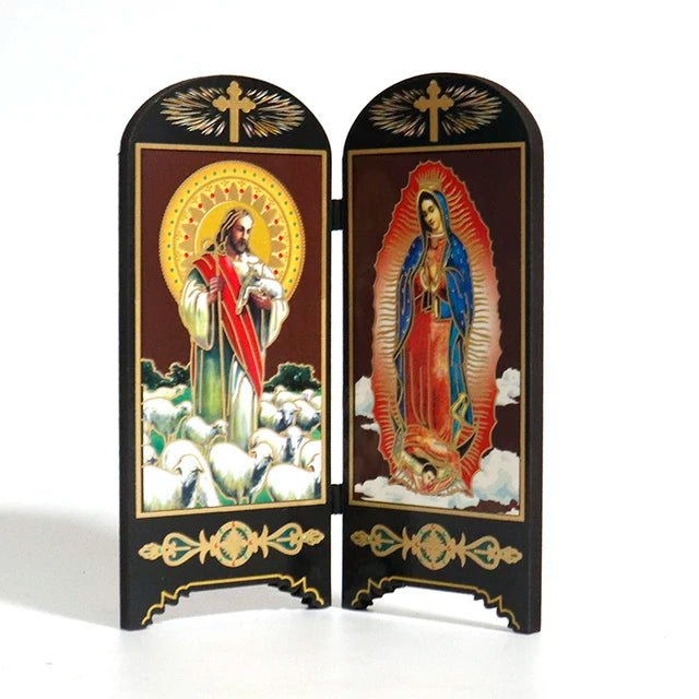 Oratório de Mesa com Tela Dupla: Sagrada Família e Nossa Senhora de Fátima - Loja São Miguel
