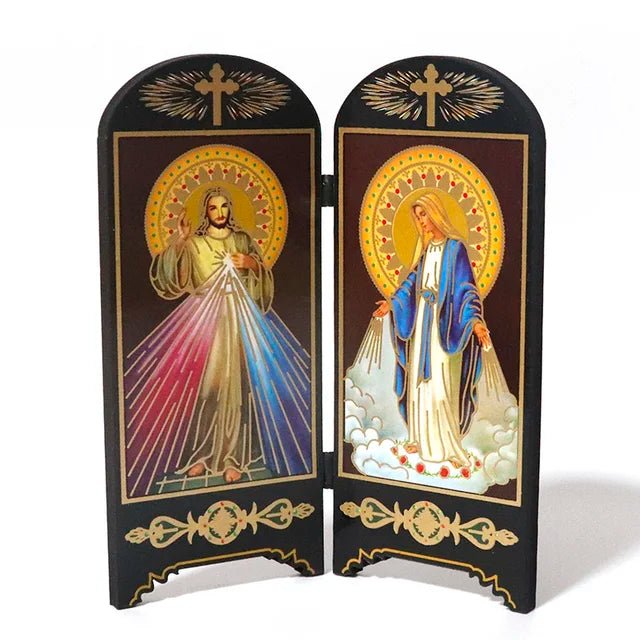 Oratório de Mesa com Tela Dupla: Sagrada Família e Nossa Senhora de Fátima - Loja São Miguel