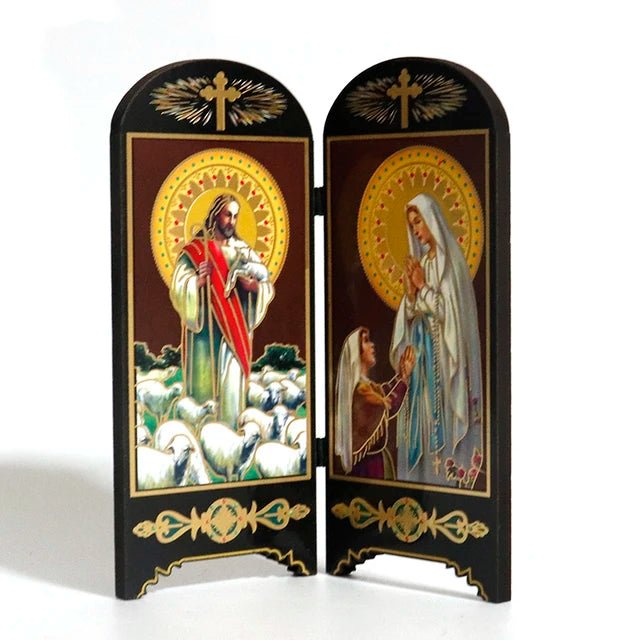 Oratório de Mesa com Tela Dupla: Sagrada Família e Nossa Senhora de Fátima - Loja São Miguel