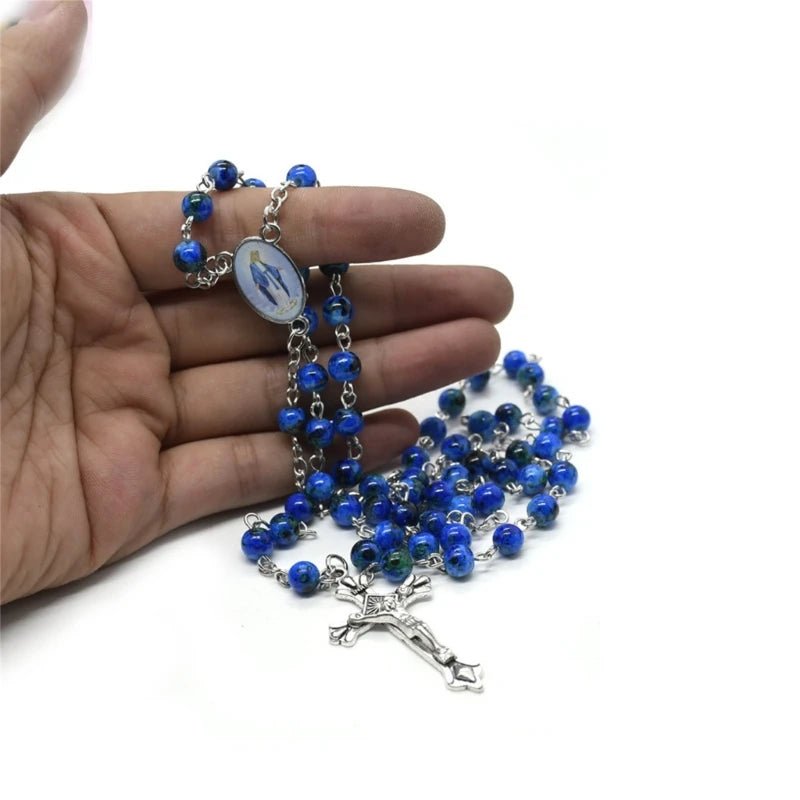 Rosário de Vidro Azul Marinho: Devoção e Paz com Medalha de Nossa Senhora - Loja São Miguel